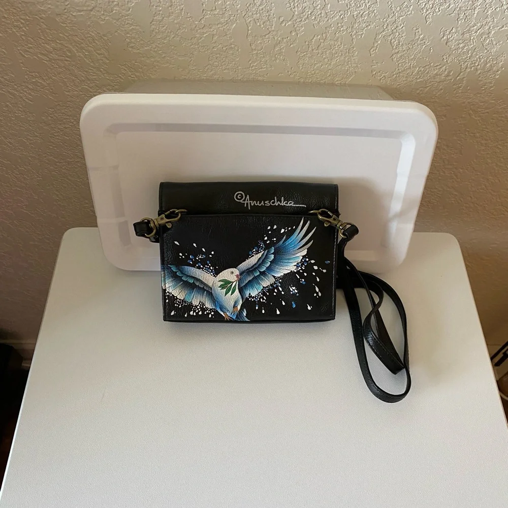 Anuschka Black Crossbody Bag with Blue Bird Design - Picture 2 of 5